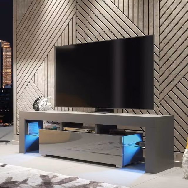 Mex Furniture LTD Modern Glossy TV Unit with LED Lighting in Dark Grey, W: 160 cm, H: 45 cm, D: 35 cm