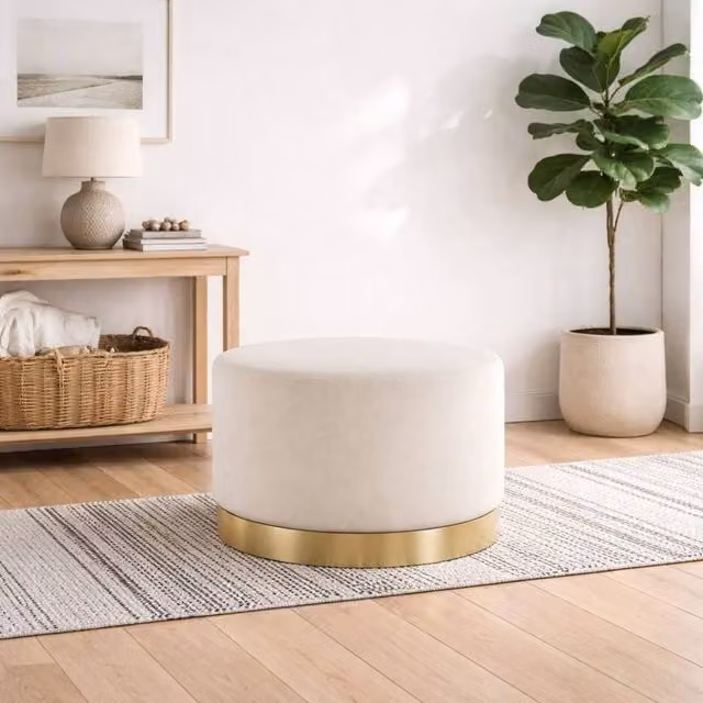 Wyld Haus Kalua Large Cream Velvet Stool with Brushed Gold Metal Base
