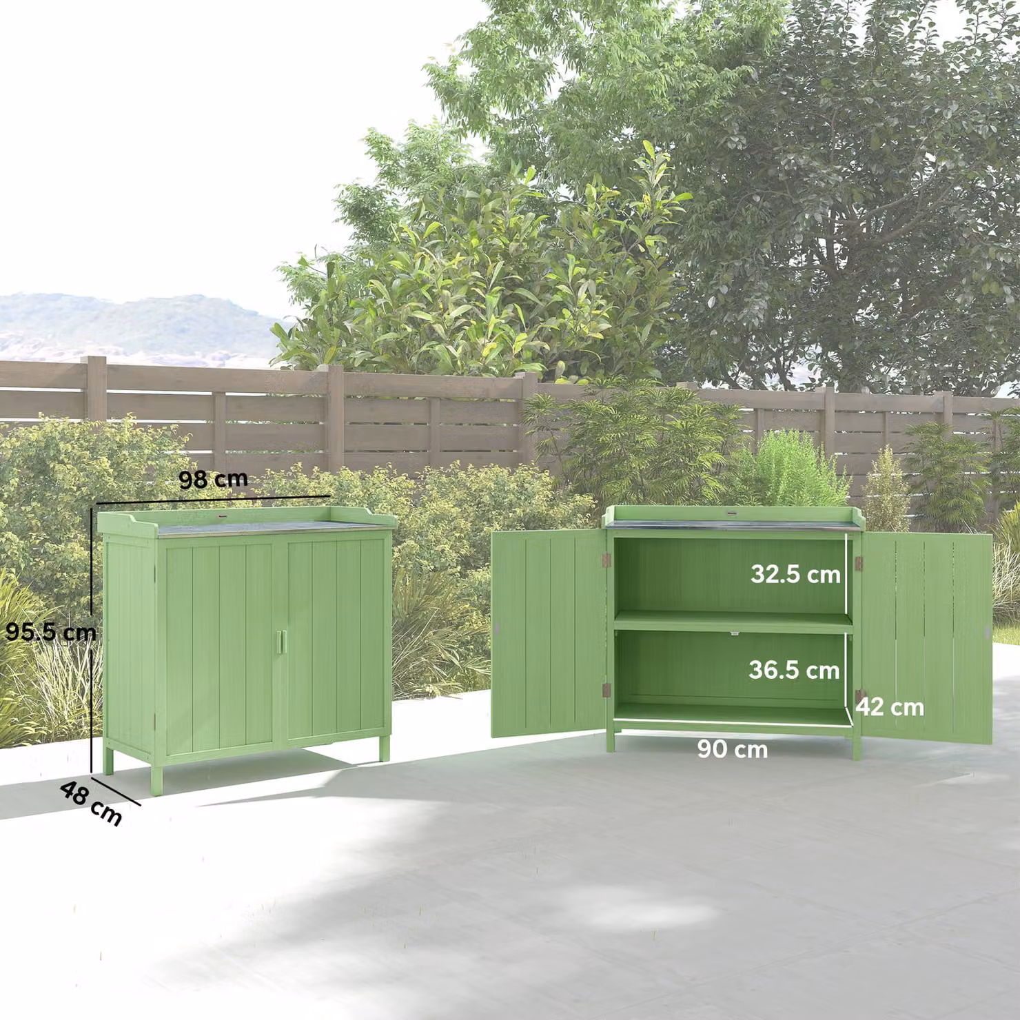 Outsunny Green Wood Garden Storage Cabinet and Potting Bench with Galvanised Steel Top and Internal Shelves – 3