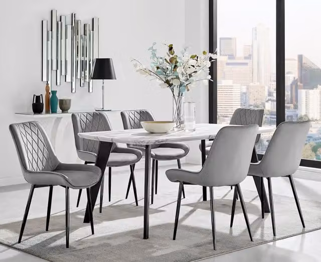 FurnitureboxUK Andria White Marble Effect 6 Seater Dining Table and 6 Grey Pesaro Soft Velvet Chairs – 1