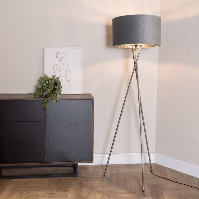 ValueLights Camden Chrome Tripod Floor Lamp with Grey Fabric Cylinder Shade and Bulb