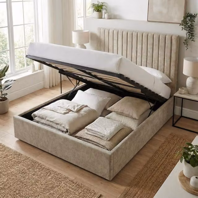 FWStyle Sollom Sand Ottoman Lift Up Upholstered Ribbed Bed Frame, Sand, 140 x 200 cm