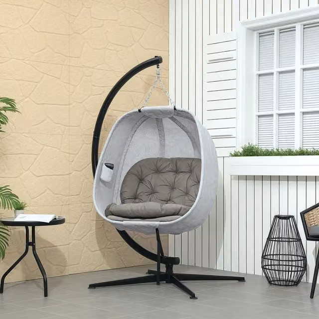 Outsunny Hanging Egg Swing Chair with Folding Basket in Sand Brown and Floral Design