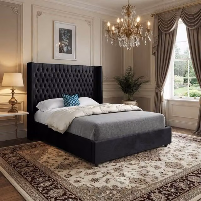 Casani Tibenham Double Upholstered Velvet Bed Frame in Black, W/D/H: 140 x 200 cm – 1