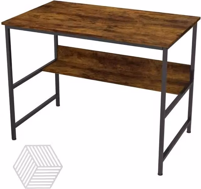 Ventryn 2-Tier Industrial Writing Computer Desk with Metal Frame and Storage in Brown