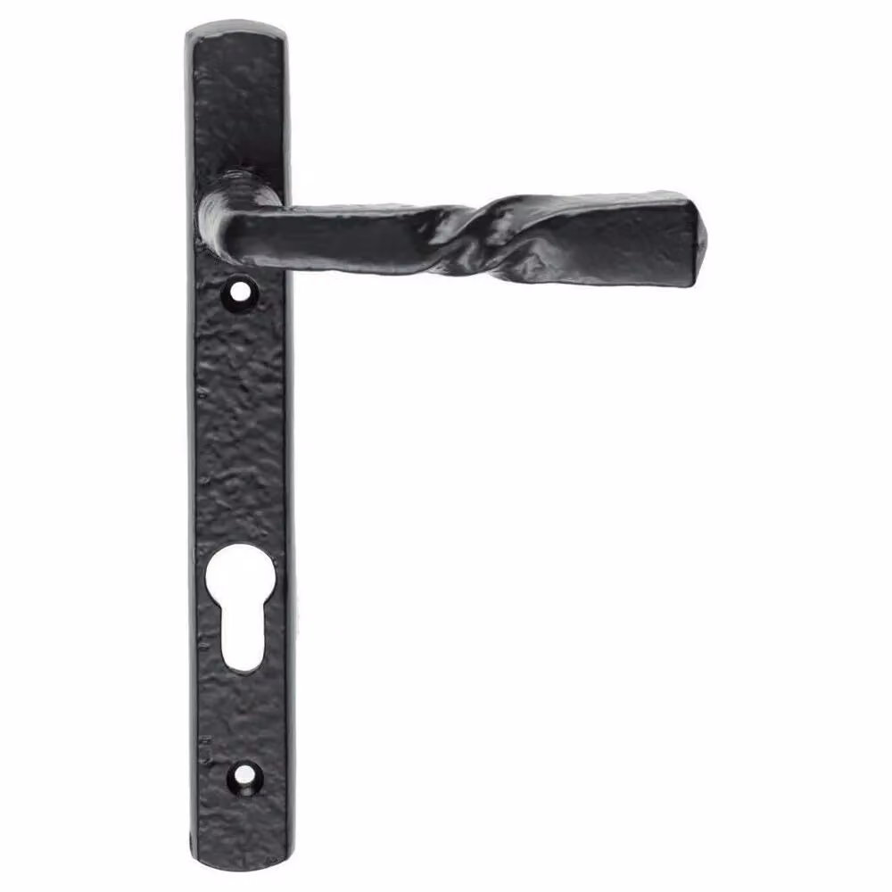 Loops Ornate Twisted Lever Pair on Narrow Euro Backplate, Black Antique, W: 220 mm, H: 28 mm – 2