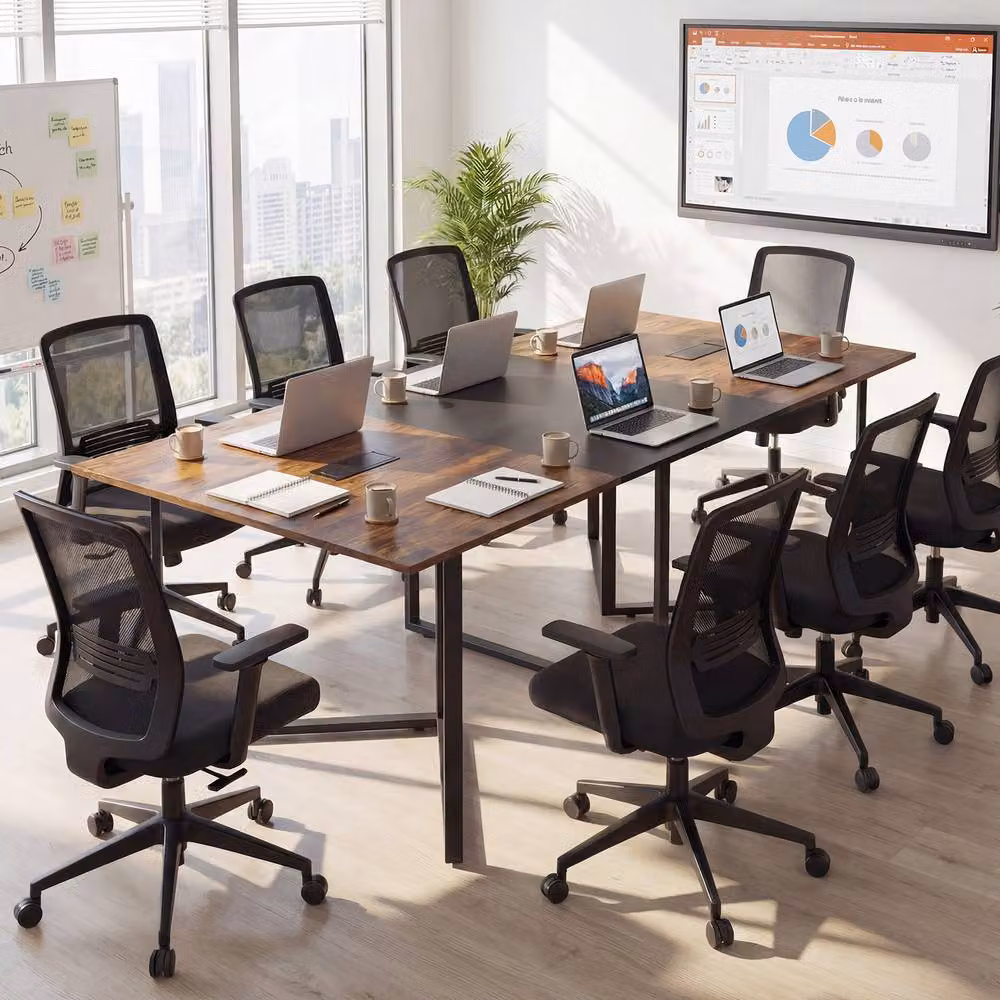 Gymax Industrial Rectangular Conference Table in Brown with Metal Frame and Grommet for 6-8 People – 6