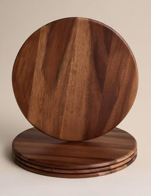 M&S Set of 4 Rustic Round Wooden Placemats in Brown and Beige