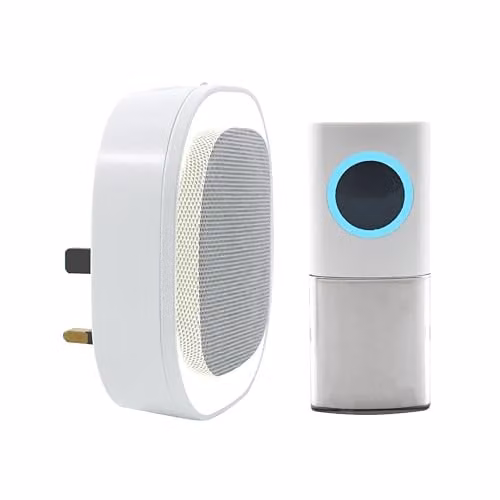 Uni-Com Wireless Plug-in Door Chime with Built-in Night Light, Dusk and Dawn Sensor, 200m Operating Range, 30 Chimes and LED Chime Alert in White and Blue – 1