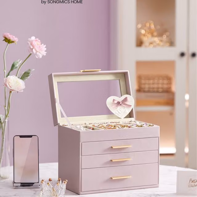 SONGMICS 4-Tier Jewellery Box Organiser with Glass Lid, Purple