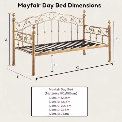 OAT Home Mayfair Victorian Style Metal Day Bed Frame with Optional Pull Out Black Guest Trundle, Antique Brass and Black, W/D/H: 190 x 90 x 103 cm – 2