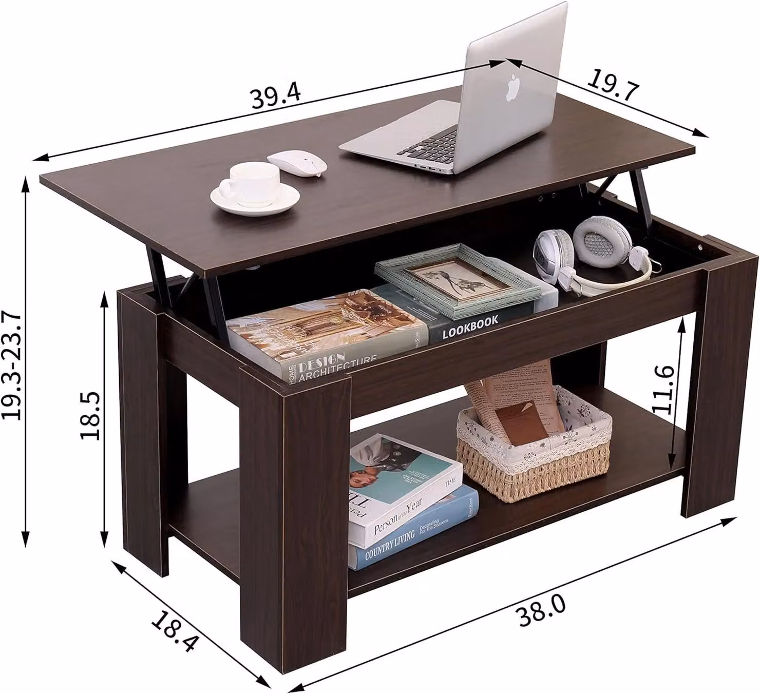 Rafaelo Mobilia Industrial Walnut Lift Top Coffee Table with Hidden Storage in Brown – 5