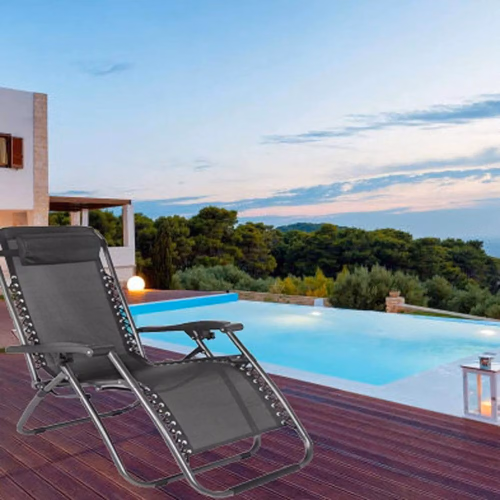 FLAVORA Portable Black Textilene Sun Lounger Chair with Adjustable Headrest – 3