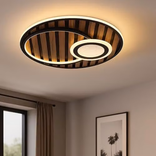 Globo Lighting Woody LED Ceiling Light, Black and Wood, Diameter: 50 cm – 1