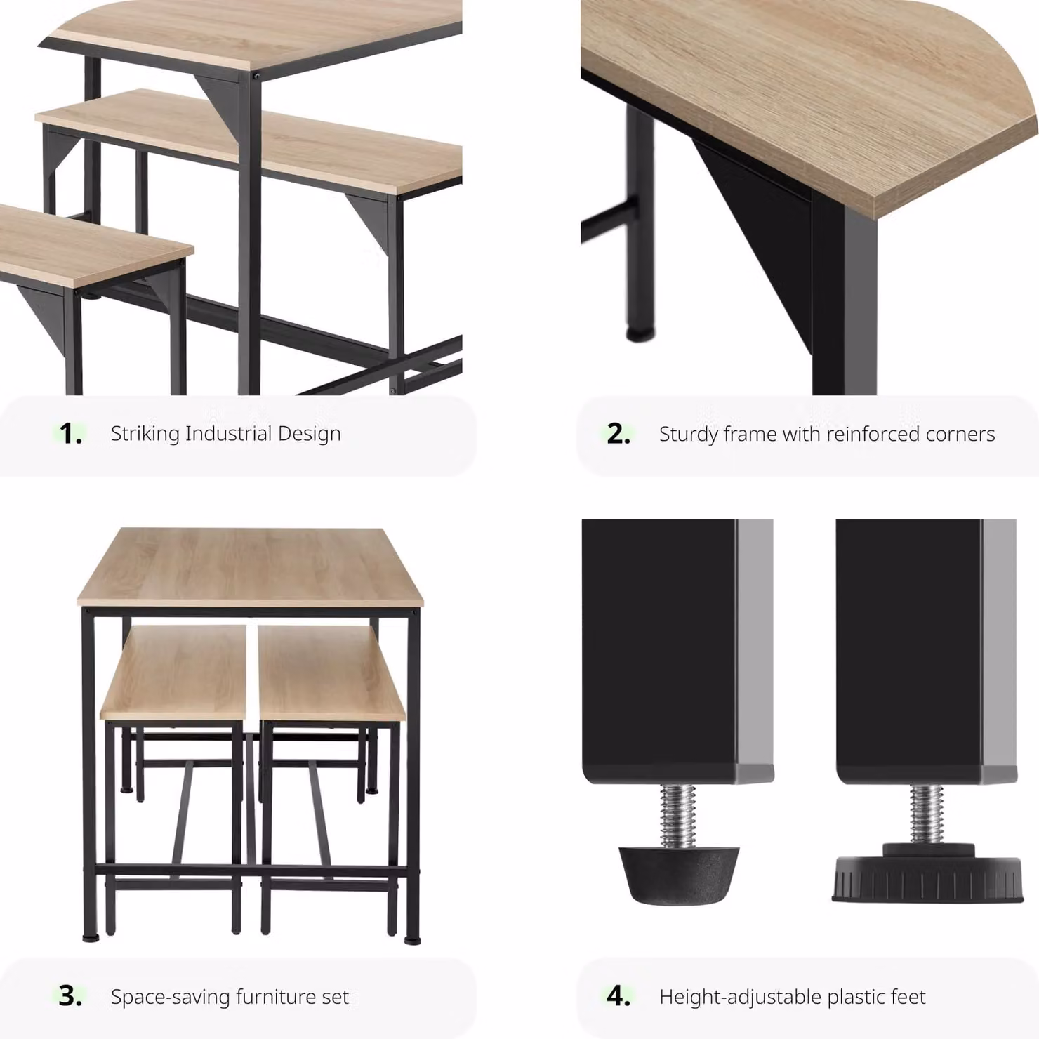 tectake Bolton 3-piece Dining Table Set with 2 Benches in Light Oak – 6