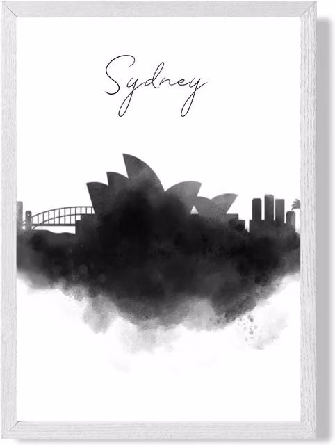 ARTZE Sydney Watercolour Skyline City Framed Print, Black and White, A4