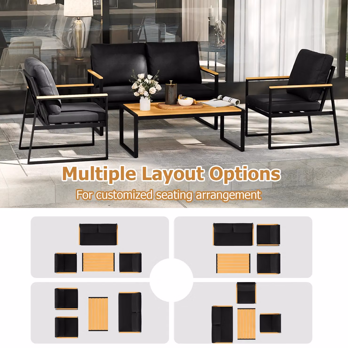 Costway 4-Piece Black Garden Furniture Set with Powder Coated Steel Frame, 2-Seater Sofa, Armchairs and Coffee Table – 10