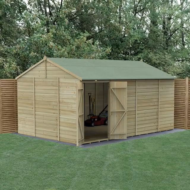 Beckwood Reverse Apex Wood Shed in Green and Beige with Floor and Foundation, W: 457.2 cm, D: 304.8 cm, H: 304.8 cm