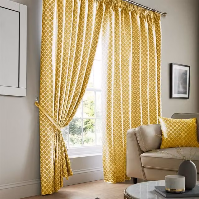 Luxury Living Modern Geometric Two-Tone Jacquard Pencil Pleat Taped Curtains in Yellow, Width: 168 cm, Drop: 229 cm