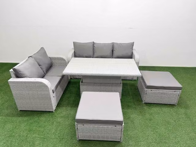 Fimous 7 Seater Grey PE Rattan Wicker Garden Furniture Set with Upholstered Cushions and Adjustable Lifting Table