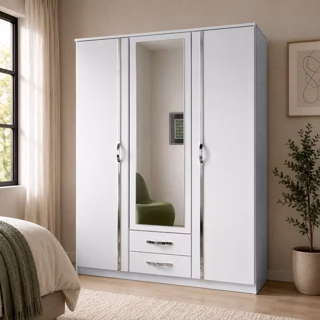 KDMD Duo 3 Door White Modern Wardrobe with Mirrors and 2 Integrated Drawers – 1