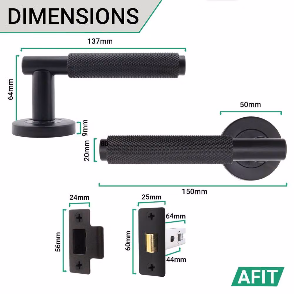 AFIT Black Knurled Internal Door Handle Set of 3, Matt Black Aluminium and Steel, W/D/H: 15.0 x 15.0 x 0.64 cm – 4