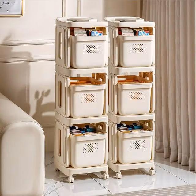 KORVIXA 3-Basket Multi-Purpose Storage Trolley in Beige – 1