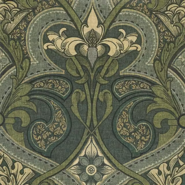 HOUSE Llewelyn-Bowen Gwendoline Printed Damask Fabric Virelle in Green and Blue