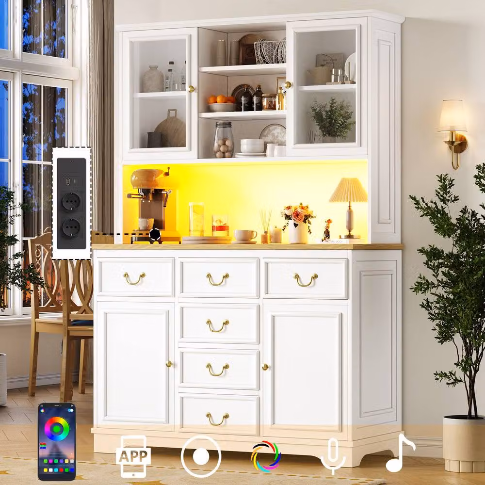Matteo White Modern Tall Kitchen Cabinet with Glass Doors, LED Lighting and Internal Storage – 2