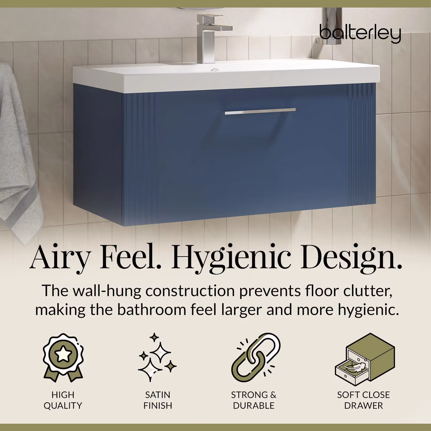 Balterley Wall Hung 1 Drawer Vanity Unit with Thin-Edge Basin, Satin Blue, W: 80 cm, D: 40.9 cm, H: 80 cm – 3