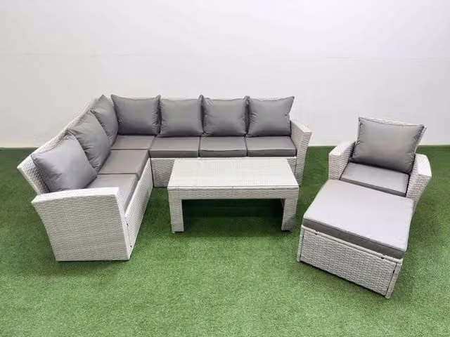 Fimous 8 Seater Outdoor Corner Sofa Set with Chair and Large Stool in Light Grey