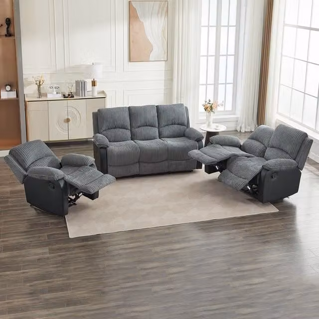 Furniture One Grey Corduroy 6-Seater Manual Reclining Sectional Sofa Set