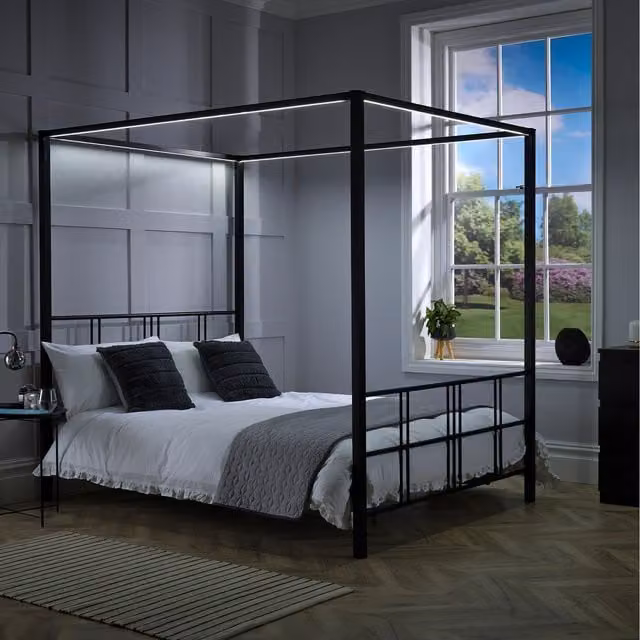 XR Living Fern Black Metal Four Poster Bed with LED Lighting, W/D/H: 140 x 200 cm