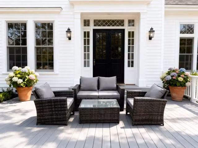 Fimous 4 Seater Grey Polyrattan Garden Furniture Set with High Back Sofa, Armchairs and Rectangular Coffee Table