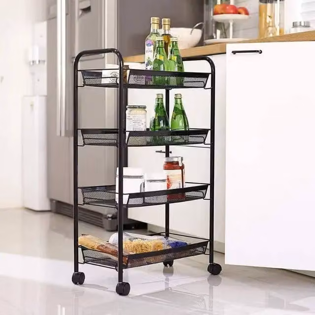 EONLION 4 Tier Black Metal Fruit Trolley and Kitchen Storage Rack, Height: 100 cm