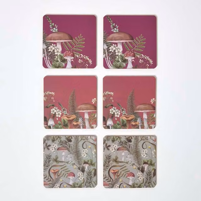 Homescapes Set of 6 Square Cork Coasters with Floral Mushroom Design in Multicolour Red, Green and Orange with Holder