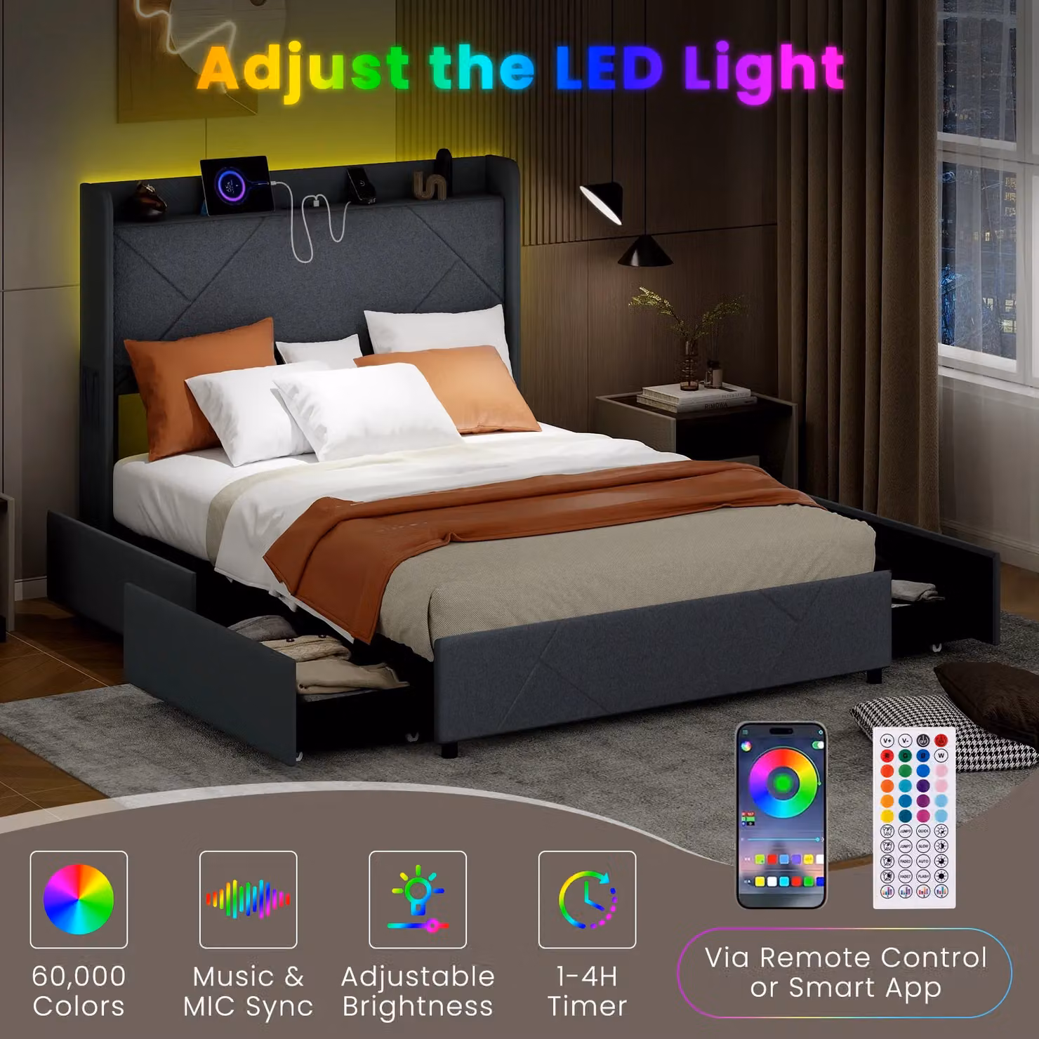 Gymax Double Size Upholstered Platform Bed Frame in Grey with LED Under-Bed Lighting, USB Charging Ports and Storage Drawers, W/D/H: 140 x 200 cm – 4