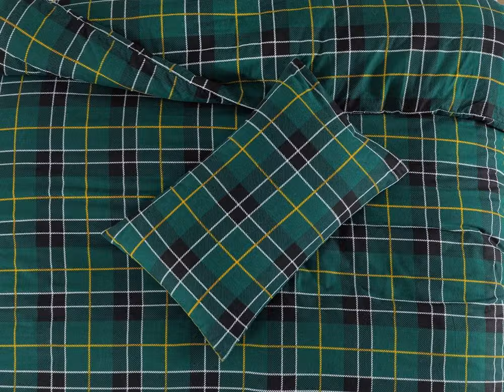 Homes-Linen 100% Brushed Cotton Flannelette Checked Duvet Cover Set in Green, W: 140 cm, H: 200 cm – 2