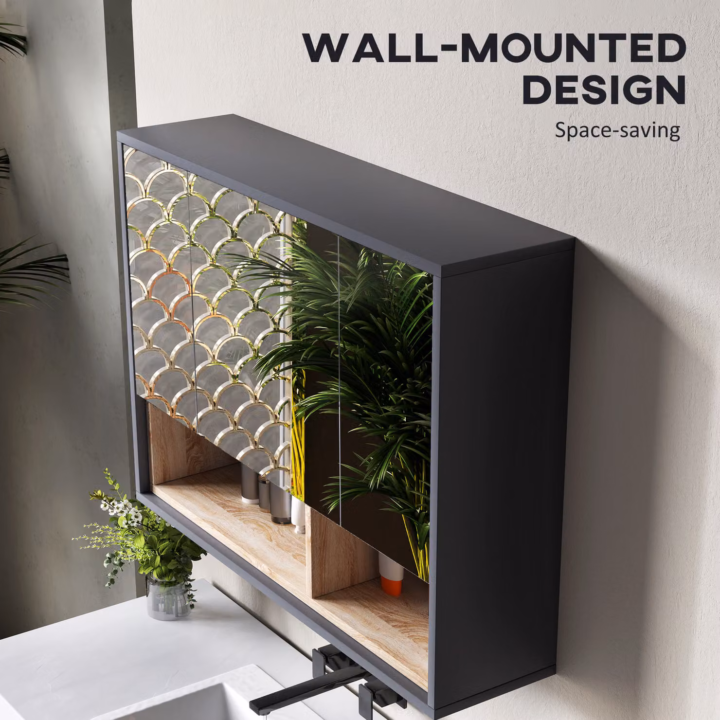 HOMCOM Grey Wall Mounted Bathroom Mirror Cabinet with 3 Hinged Doors and Cupboards – 5