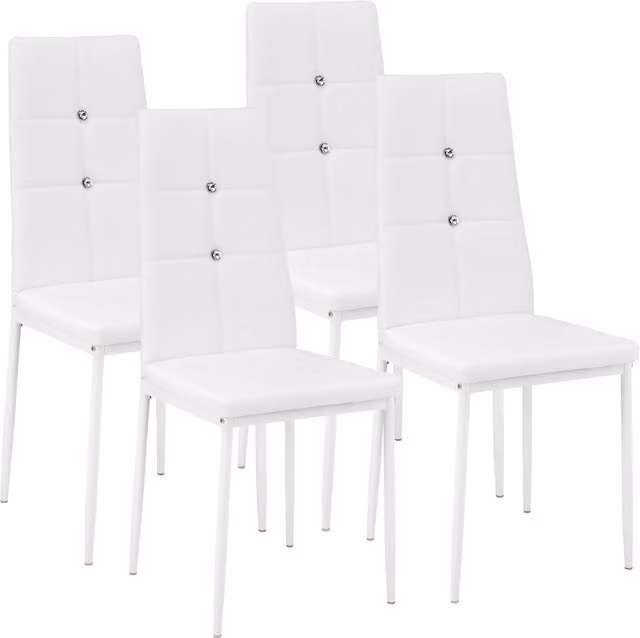 Tectake Set of 4 Modern White Dining Chairs with Rhinestones and Synthetic Leather