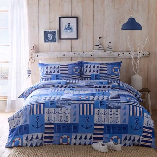 Portfolio Home Regatta Nautical Reversible Duvet Cover and Pillowcase Set in Blue, W/D/H: 200 x 200 cm with Pillowcase 50 x 70 cm – 1