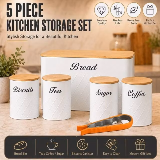 ATEK 6 Piece Airtight Bread Bin and Canister Set with Can Opener in White – 1
