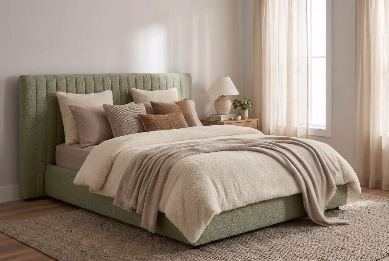 Araco Atelier Haven Bed Laurel Upholstered Fabric Bed in Beige and Green