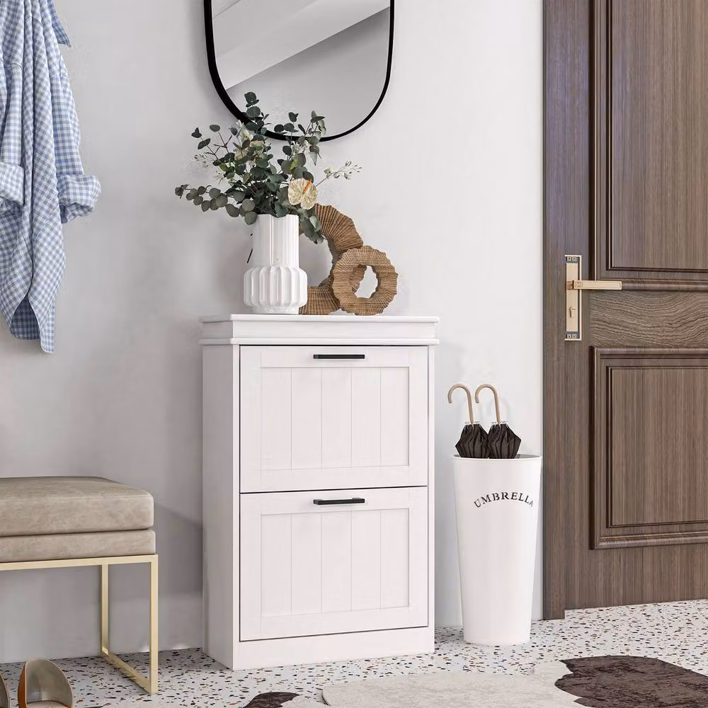 ERGOVEXA Minimalist Freestanding 2-Drawer Shoe Cabinet in White with Tilting Compartments – 3