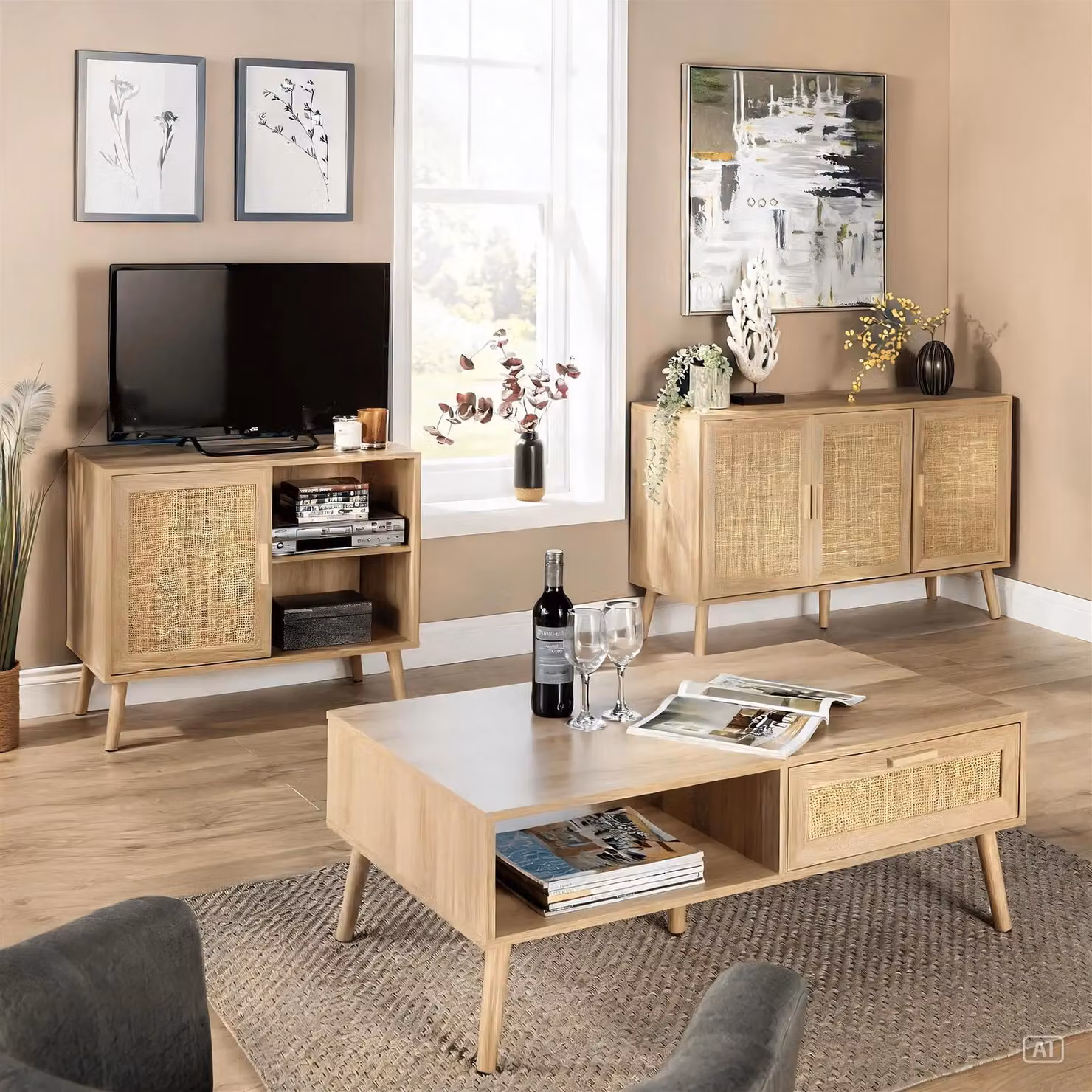 Home Source Rattan Coffee Table with Drawer and Open Shelf in Sand and Beige, W/D/H: 110 x 59 x 40 cm – 5