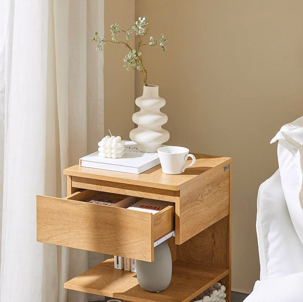 SoBuy Set of 2 Modern Nightstands with 1 Drawer and 2 Shelves in Light Oak, H: 65 cm – 3