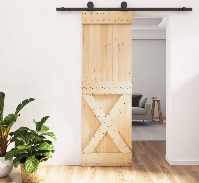 Berkfield Home Modern Sliding Door with Hardware Set in Brown Solid Pine Wood, W: 70 cm, H: 210 cm – 1
