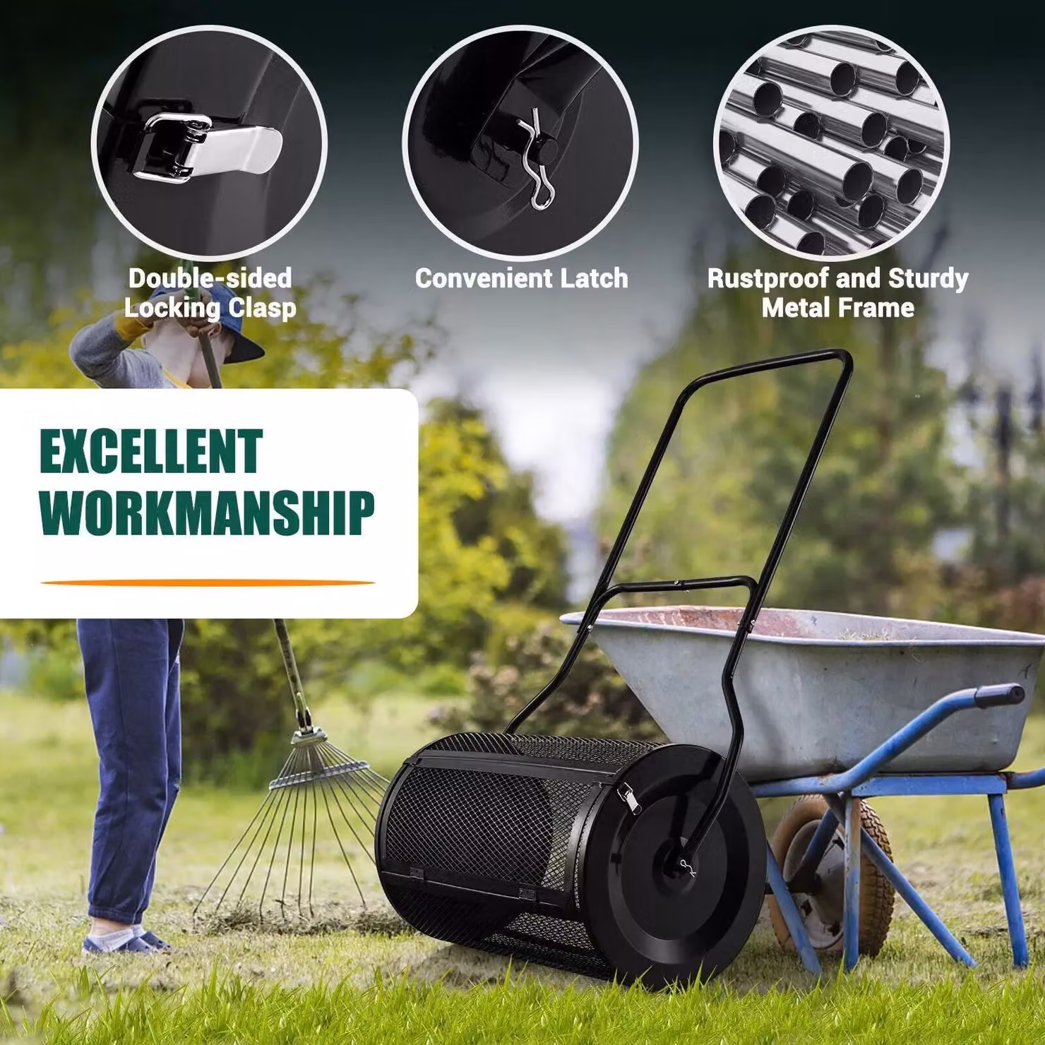 Costway 27 Inch Compost and Peat Moss Spreader with U-shaped Handle in Black and Green – 4