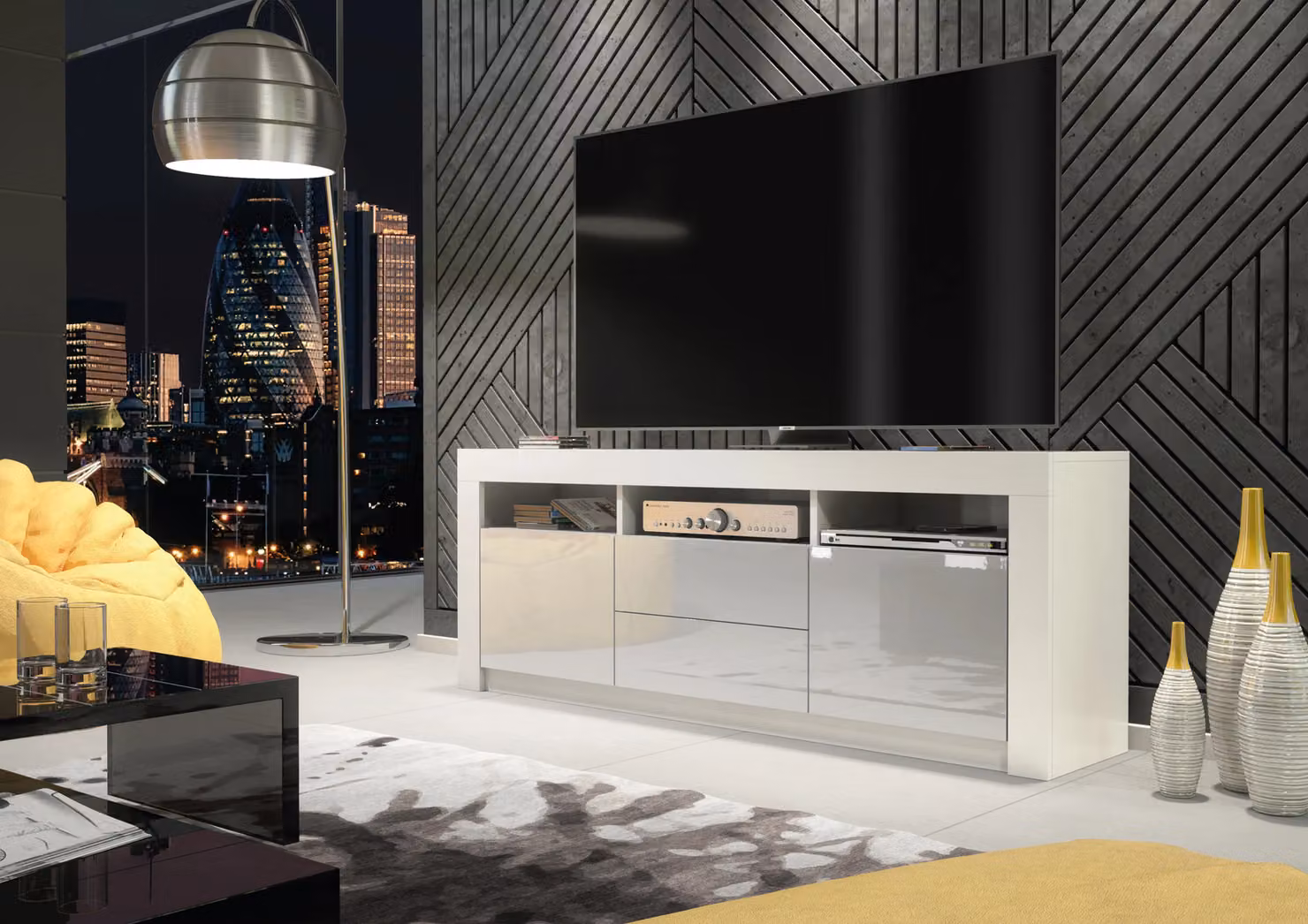 Creative Furniture Modern TV Unit in White with High Gloss Grey Doors, W/D/H: 160 x 35 x 60 cm – 2