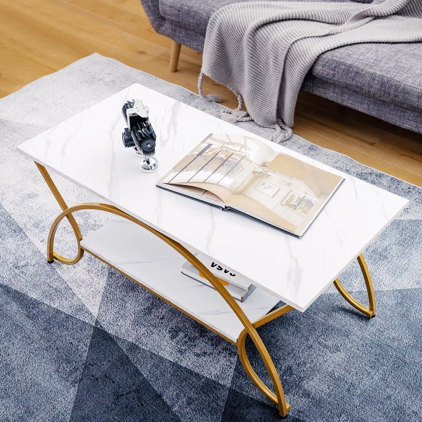 Costway Modern 2-Tier Rectangular Faux Marble Coffee Table in White and Gold – 2